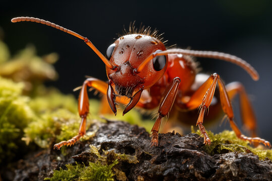 Close-up of the head and antennae of a red ant. Macro shot of a red ant.