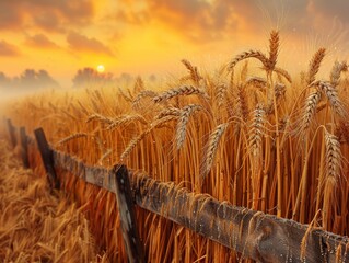Golden Sunset Over Wheat Field with Wooden Fence on a Picturesque Evening
