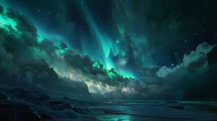 Naklejka premium Glowing ribbons of emerald and lavender Northern Lights swirl above an icy untouched Arctic terrain under a star-studded sky.