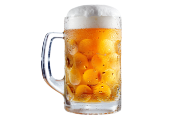 Refreshing cold beer in glass mug, isolated PNG on transparent background. Pint alcohol with foam, relax drink on holiday in bar