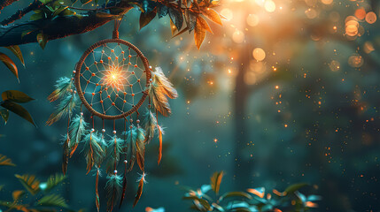 A dream catcher is hanging from a tree in a forest. The dream catcher is illuminated by a light, creating a mystical and serene atmosphere