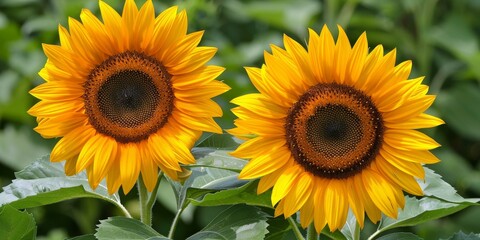 Vibrant Twin Sunflowers Blooming Brightly in a Lush Green Garden Setting
