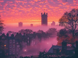 Enchanting Sunrise over a Misty City with Historical Tower and Lush Trees