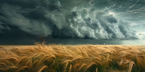 Majestic Dark Storm Clouds Gathering Above Golden Wheat Field Under Ominous Sky