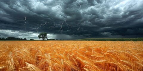 Dramatic Storm Clouds Gathering Over Golden Wheat Field with Impending Thunderstorm