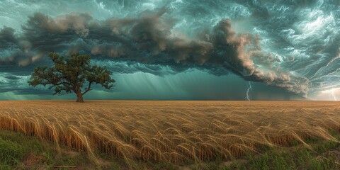 Dramatic Thunderstorm Brewing Over Golden Wheat Field with Lonely Tree and Lightning Strike