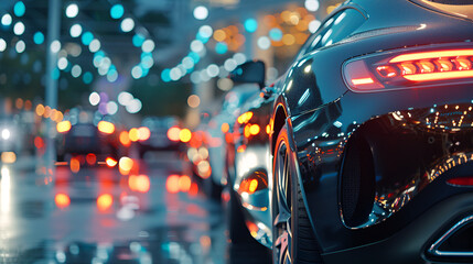 New cars display in luxury showroom with light bokeh
