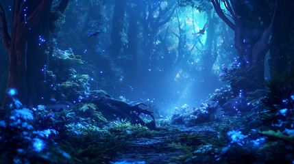 an ethereal image of a mythical forest, where bioluminescent plants cast a soft, enchanting glow, and magical creatures roam freely, inviting viewers into a world of fantasy and wonder