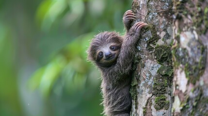 Naklejka premium baby sloth hanging on the tree. Generative Ai