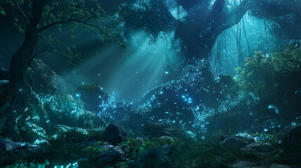 an ethereal image of a mythical forest, where bioluminescent plants cast a soft, enchanting glow, and magical creatures roam freely, inviting viewers into a world of fantasy and wonder