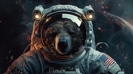 Cute Bear astronaut costume on background. Generative Ai