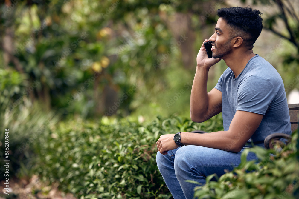 Aufkleber phone call, man and college student in park, outdoor and talking with connection to contact and chat