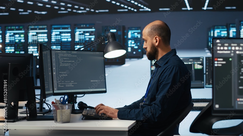 Poster it engineer programming in server hub housing advanced equipment storing massive datasets. technicia