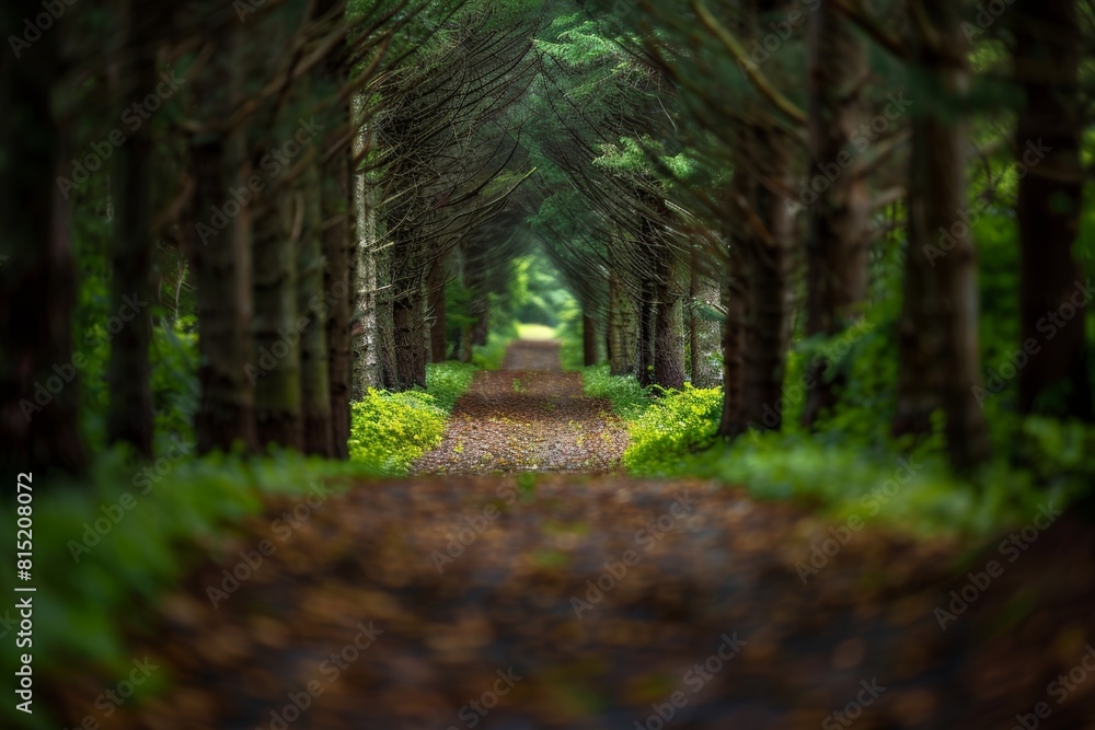 Poster a forest path leading into the distance, lined with tall trees and lush green foliage, creating an e