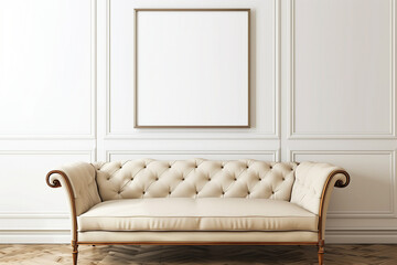 Beige sofa near white wall with poster frame. Art deco interior design of modern living room home.