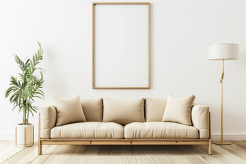 Beige sofa and armchair near white wall. Interior design of modern living room with empty blank mock up poster frame. Created with generative AI