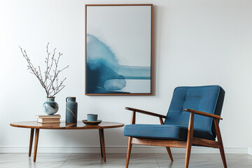 Blue armchair near wooden long coffee table against of white wall with big art canvas poster frame. Mid-century interior design of modern living room. Created with generative AI