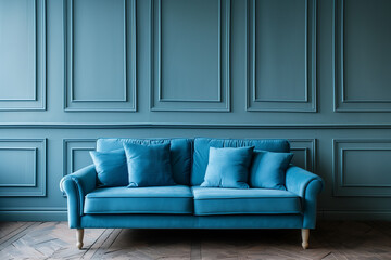 Blue sofa against paneling wall. Minimalist loft home interior design of modern living room.