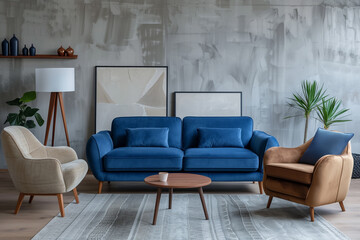 Blue sofa and beige recliner chair against grey wall with copy space. Scandinavian minimalist home interior design of modern living room.