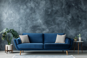 Blue sofa and beige recliner chair against grey wall with copy space. Scandinavian minimalist home interior design of modern living room.