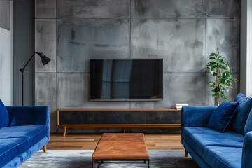 Blue sofa against tv unit. Minimalist loft home interior design of modern living room with concrete wall.