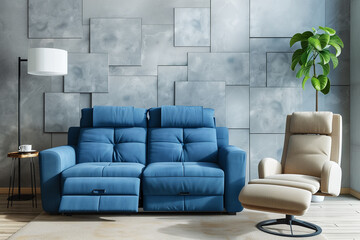 Blue sofa and beige recliner chair against grey wall with copy space. Scandinavian minimalist home interior design of modern living room.