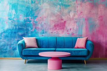 Blue sofa and round pink coffee table against multicolored stucco wall with copy space. Colorful...