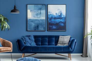 Blue sofa and terra cotta lounge chair against wall with two art posters Minimalist home interior design of modern living room.