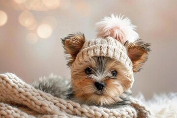 adorable fluffy yorkshire terrier plush toy in cozy winter outfit pastel background