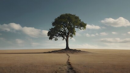 Image of a single tree standing tall in a vast, empty landscape, symbolizing resilience and the importance of preserving nature