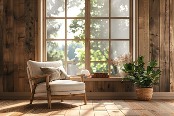 Brown chair and beige sofa against window in spacious room with wooden paneling wall. Scandinavian style home interior design of modern living room. Created with generative AI