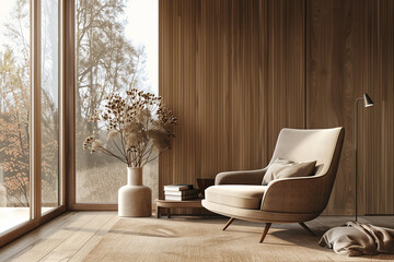 Brown chair and beige sofa against window in spacious room with wooden paneling wall. Scandinavian style home interior design of modern living room. Created with generative AI
