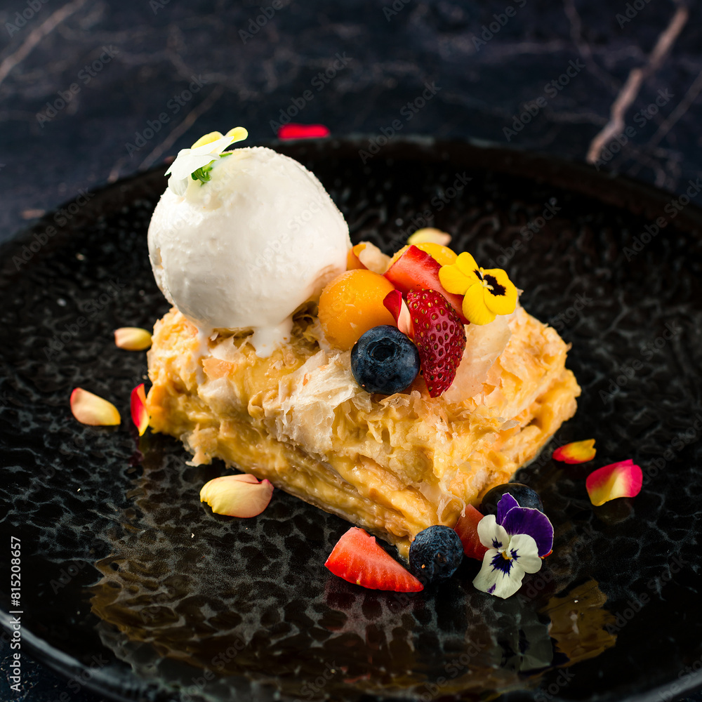 Canvas Prints puff pastry cake with ice cream and fresh berries