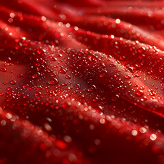 A red fabric with water droplets on it. The droplets are small and scattered, giving the fabric a wet and shiny appearance. Concept of freshness and vitality