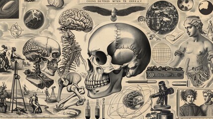  This elaborate composition features a curated collection of vintage scientific illustrations, including a human skull, brain model, historical figures, microscopes, and celestial navigation tools. Th