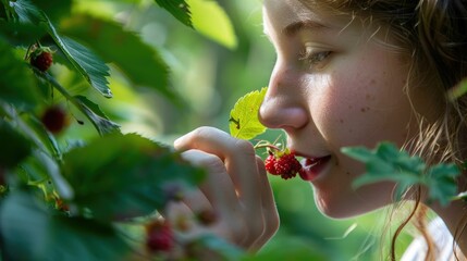 A woman enjoying the taste of ripe red raspberries while picking them in a lush green garden....