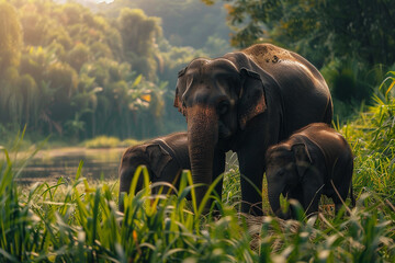 Elephant family, with little baby elephants in nature