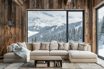 Corner sofa in room with wooden lining paneling wall and ceiling. Minimalist home interior design of modern living room in chalet panoramic window with great winter snow mountain landscape view. AI