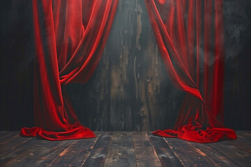 theater scene with opening the curtain a red velvet, curtain
