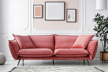 Curved loveseat sofa against white wall with frames. Scandinavian home interior design of modern living room.