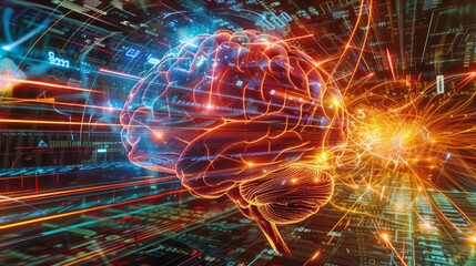 This dynamic image combines a detailed view of a human brain model with vibrant, colorful light trails and a background filled with mathematical formulas. It represents the complex relationship betwee