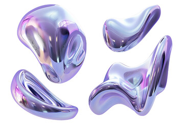 Y2K Melty holographic chrome shapes isolated. Spilled liquid metal drops. Futuristic metallic puddles, abstract 3d shapes