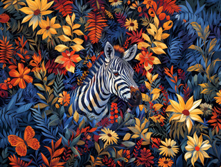 Obraz premium Illustration of an African zebra in the midst, features bold colors of plants and flowers..