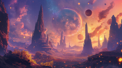 an otherworldly landscape of a distant planet, with towering alien rock formations, strange flora, and a sky ablaze with multiple suns and swirling nebulae, transporting viewers to a realm beyond imag