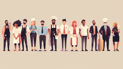 Illustration of a diverse group of professionals in various uniforms, showcasing different occupations including chefs, doctors, office workers, and service staff.
