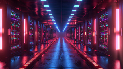 Futuristic Efficiency: High-Tech Data Center with Rows of LED-Lit Servers