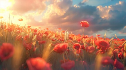 Obraz premium A vibrant field of red poppies illuminated by the suns rays, creating a striking and colorful landscape.