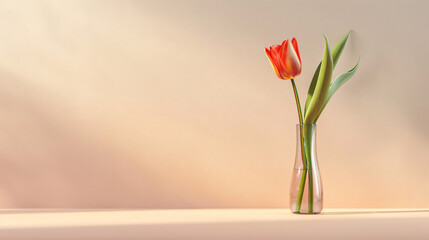 Elegant Simplicity: Minimalist Floral Arrangement with Vivid Tulip in Tall Glass Vase