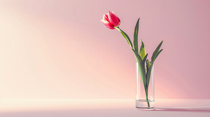 Elegant Simplicity: Minimalist Floral Arrangement with Vivid Tulip in Tall Glass Vase