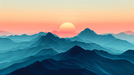 Serenity Peaks: Minimalist Mountain Landscape at Sunset